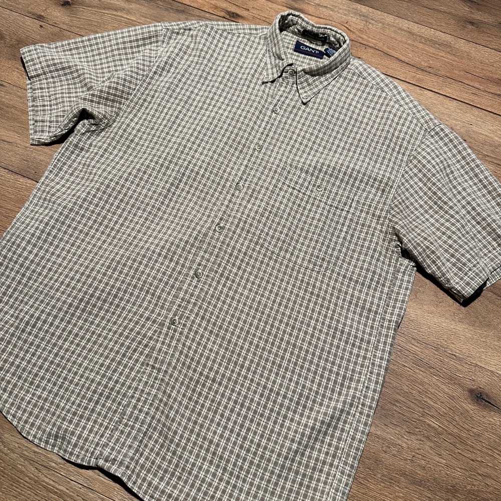 Gant Brown Plaid Short Sleeve Button Down Shirt Mens Large Cotton Linen Blend